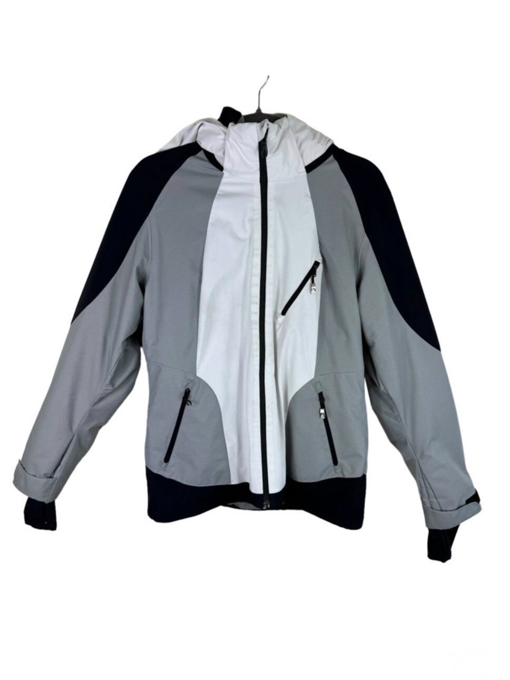 Spyder White Black Gray Hooded Full Zip Ski Jacket Zippered Pockets Size M